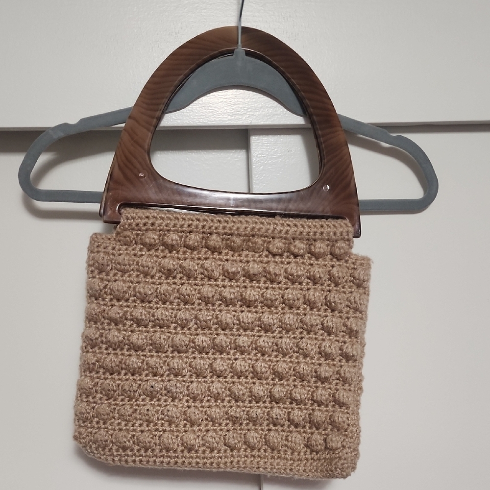 Vintage Hand Crocheted Wooden Handle Bag Coastal Grandma Boho Tote - Picture 10 of 11
